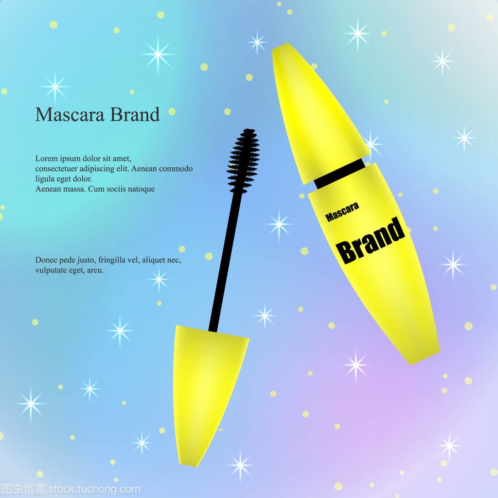 化妆品广告横幅,目录,海报,黄色睫毛膏用画笔在闪闪发光的浅色背景上。包装设计、 产品推广。3d 矢量图